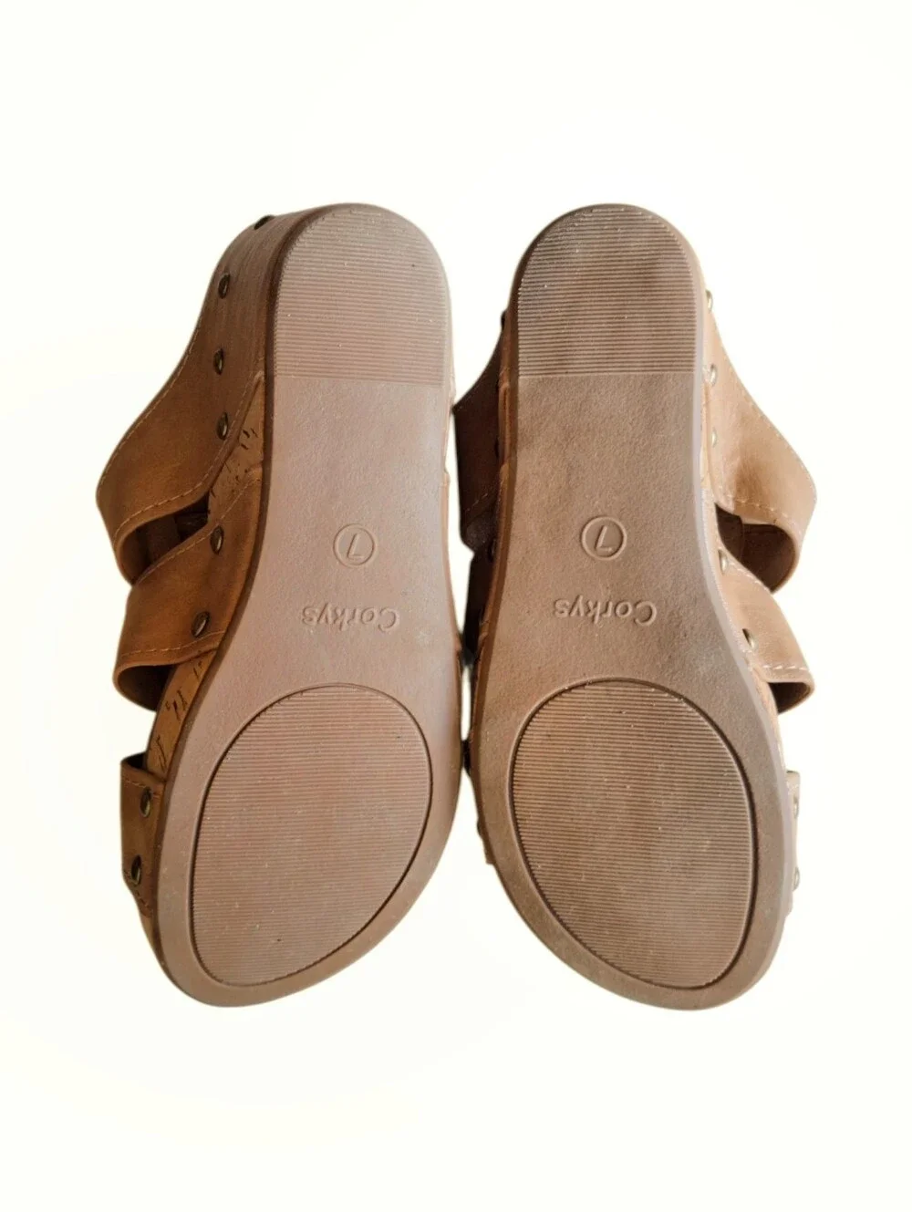 Corkys Tan Faux Leather Cork Platform Wedge Slide Sandals Boho Resort 7